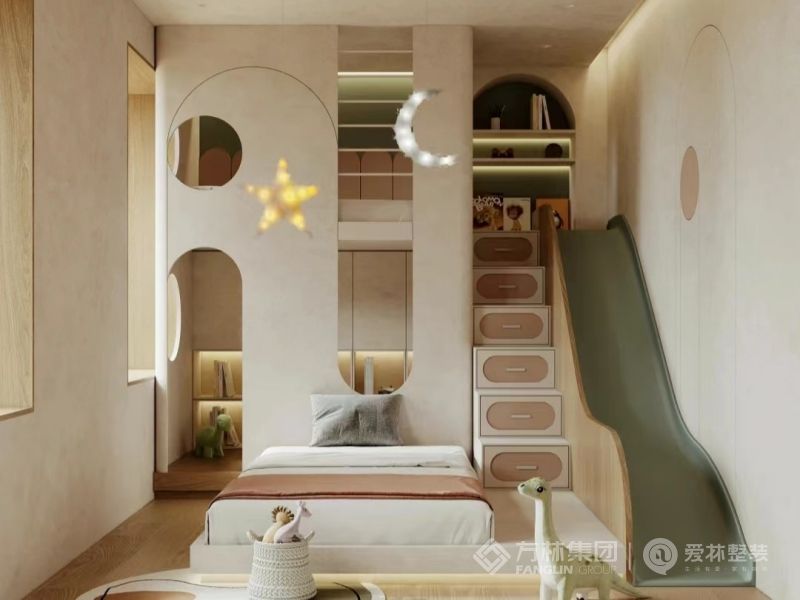 儿童房作为双人床，用柜子作为楼梯，增加了储物需求，旁边做滑梯增加孩子娱乐的区域。